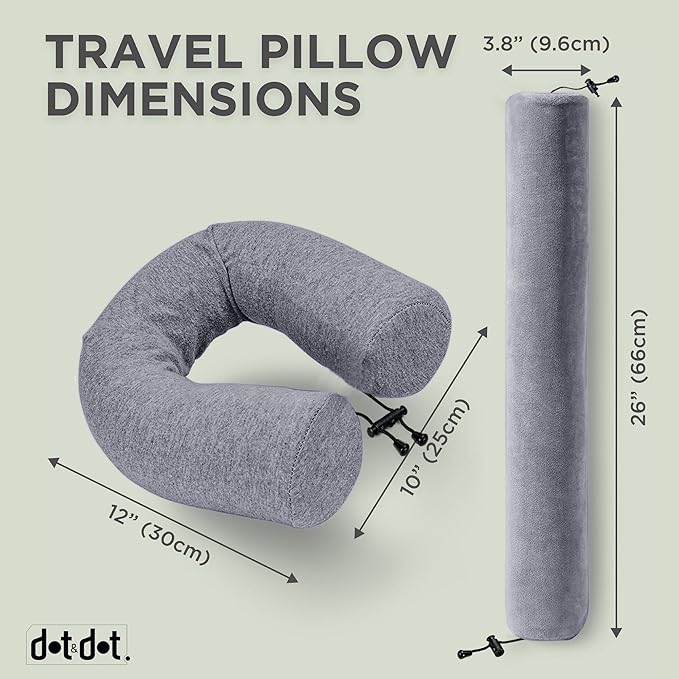 Dot&Dot Twist Memory Foam Travel Pillow for Airplanes - Travel Neck Pillow for Sleeping - Airplane Pillow for Neck Support, Chin, Lumbar and Leg - Adjustable, Bendable Neck Roll Pillow - Gray
