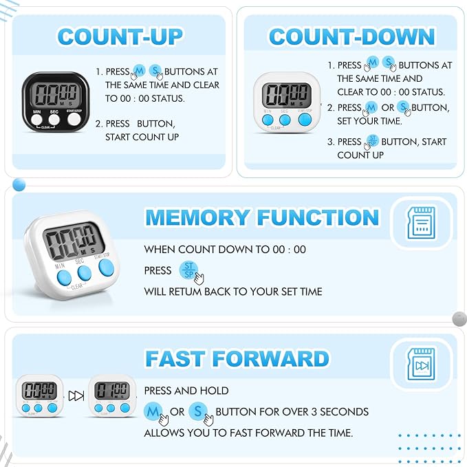 Xuhal 12 Pieces Digital Kitchen Timer Bulk, Small Magnetic Timers for Classroom, Digits Stopwatch Clock Timer for Cooking Baking Sports Games Office, Not Including Battery (Black,White)