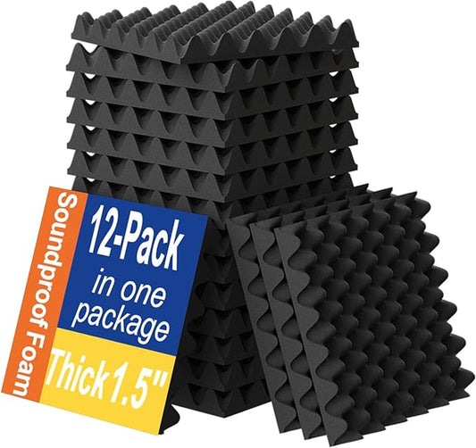 12 Pack 1.5"X12"X12" Sound Proofing Egg Crate Foam Pad(Most Soundproofing Design), Upgraded Foam Padding, Fire-Retardent Sound Proof Panels for Walls, Made by WVOVW
