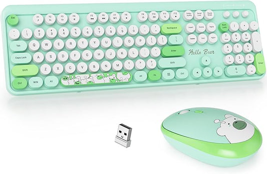 GTSP Green Typewriter Wireless Keyboard and Mouse, Office Full-Sized Colorful 2.4G Cute Aesthetic Keyboard for Computer, Laptop, PC Desktops（Green）