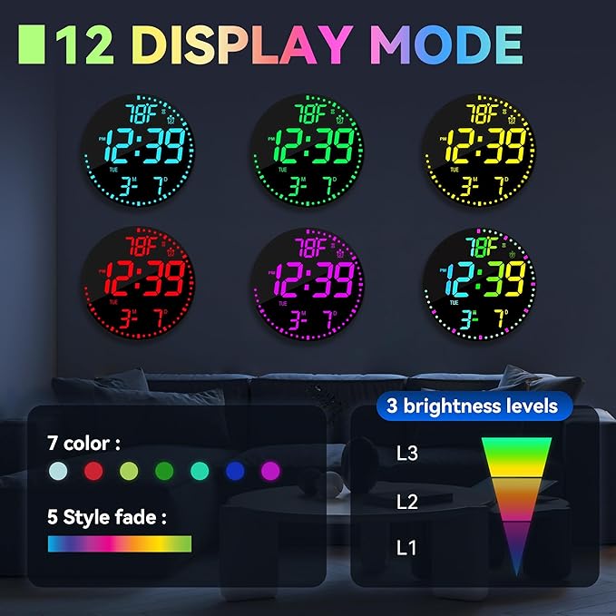 Kasbin 12 Inch Large Digital Wall Clock with Remote Control, RGB Color, Alarm, Timer, Date, Temperature, LED Display for Classroom, Living Room, Bedroom, Gift for Elderly (Black Mirror, 12")