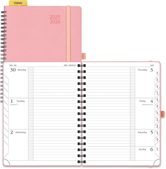 POPRUN Planner 2025-2026, Horizontal Weekly Notebook Jul.25-Jun.26 (Medium 6.75''x 8.75''), Academic Calendar Book with Monthly Tabs, Spiral Soft Cover, Inner Pocket, 100 GSM - Soft Pink