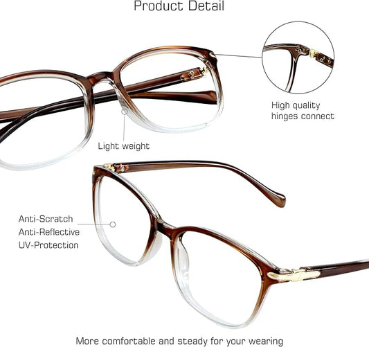 VisionGlobal Blue Light Blocking Glasses for Women, Anti Eyestrain, Computer Reading, TV Glasses, Stylish Square Frame, Anti Glare(Clear Brown,+1.50 Magnification)