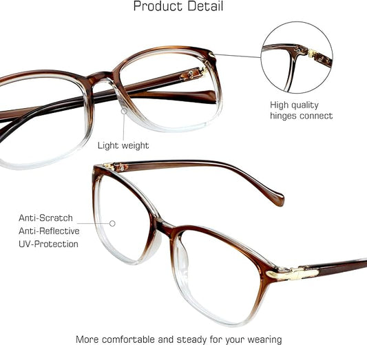 VisionGlobal Blue Light Blocking Glasses for Women, Anti Eyestrain, Computer Reading, TV Glasses, Stylish Square Frame, Anti Glare(Clear Brown,+5.00 Magnification)