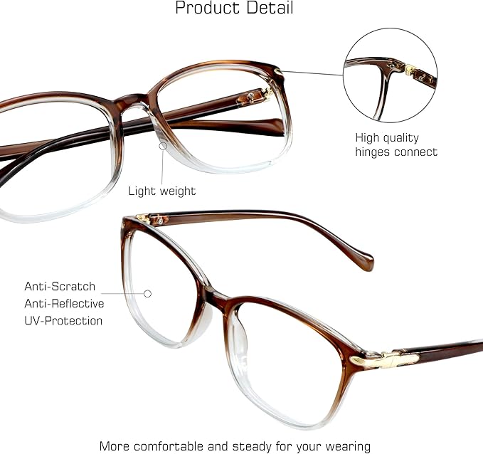 VisionGlobal Blue Light Blocking Glasses for Women, Anti Eyestrain, Computer Reading, TV Glasses, Stylish Square Frame, Anti Glare(Clear Brown,+0.75 Magnification)