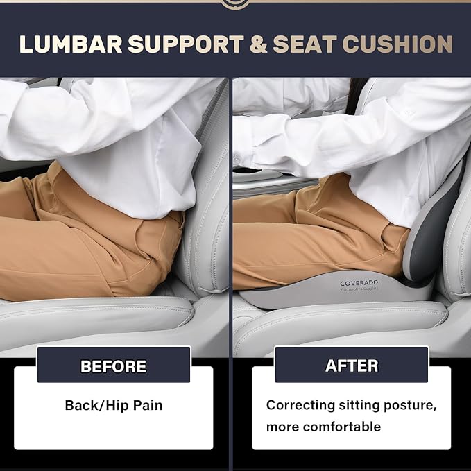 Coverado Seat Cushion and Lumbar Support Pillow for Car Office Chair, Ergonomic Memory Foam Desk Chair Cushion Back Support Pillow, Sciatica & Back & Tailbone Pain Relief Cushion