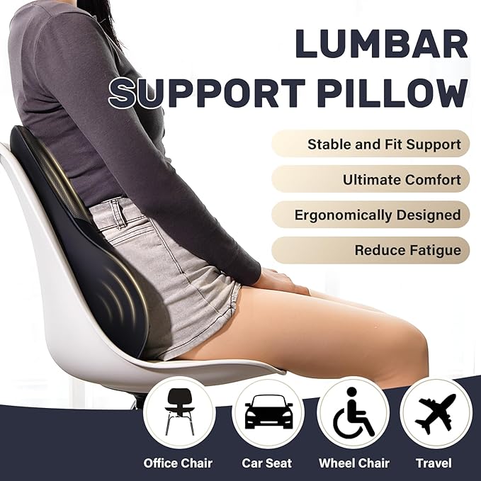 Coverado Lumbar Support Pillow for Car, Ergonomic Memory Foam Back Pillow for Office Chair, Back Cushion for Back Pain Relief, PU Leather Car Lumbar Support for Driving Seat - Black&Gray
