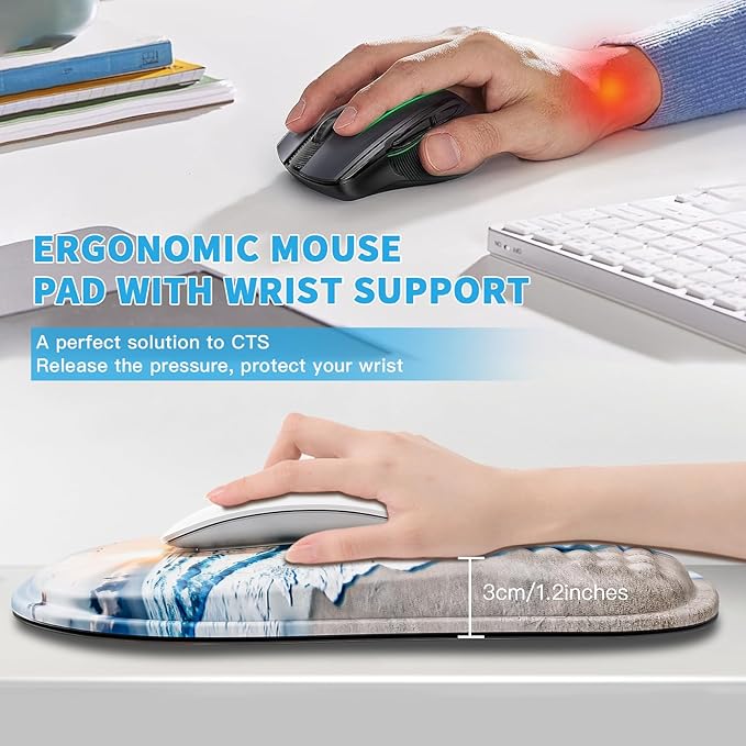 Mouse Pad with Wrist Rest, Ergonomic Mousepads with Wrist Support, Soft Lycra Fabric Memory Foam Office Desk Accessories for Comfort/Pain Relief/PC Gaming/Computer/Laptop (Seaside Sunset)