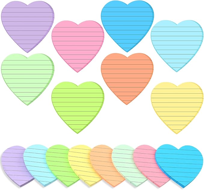Teling 24 Pcs Heart Shape Lined Sticky Notes Cute Sticky Notes Bright Colorful Sticking Power Memo Pads Red Heart Self Notepads for Office School 3x3 Inch(Light Colors)