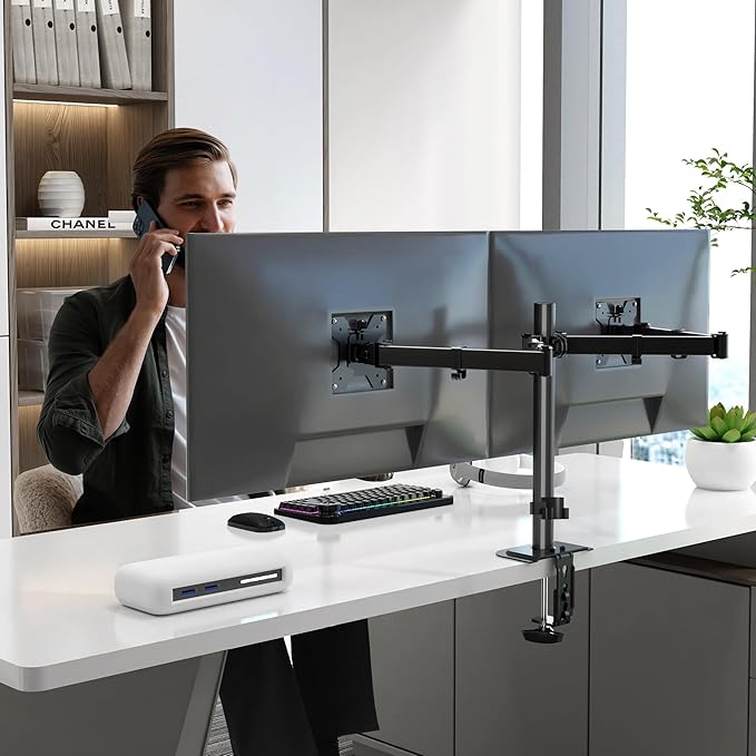 Pholiten Dual Monitor Stand, Heavy Duty Adjustable Monitor Arm Desk Mount for 2 Screens up to 42Inches, Tilt, Swivel, Rotate, Supports Tilt, Swivel, Rotate, Supports 22 lbs per Arm,Black