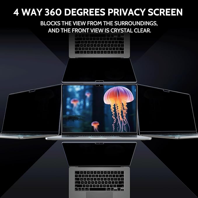 Magnetic 360° Privacy Screen for Macbook Air 15 Inch (2023-2025, M2, M3, M4), Removable Matte Anti Glare Blue Light Protector 4 Way Private Security Filter for 15.3" Mac Laptop Computer