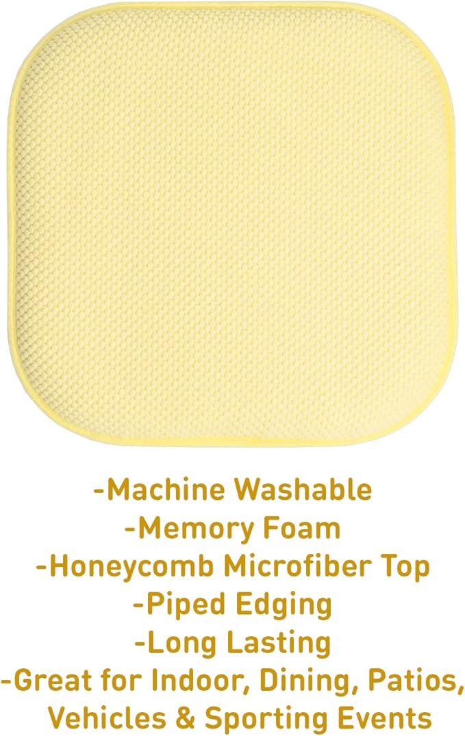 Sweet Home Collection Chair Cushion Memory Foam Pads Honeycomb Pattern Slip Non Skid Rubber Back Rounded Square 16" x 16" Seat Cover, 4 Pack, Yellow
