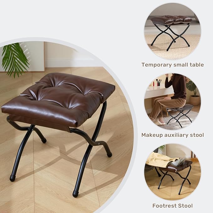 HollyHOME 15" H Folding Footrest Stool,Upholstered Foldable Ottoman with Padded Design. Features Metal Frame for Portability. Ideal for Sofas, Lazy Chairs,Living Room,Bedroom.PU Brown