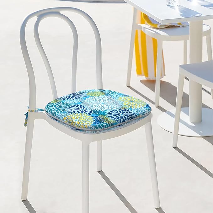 Indoor/Outdoor Chair Cushions 16x17 Inch, Patio Chair Cushions with Ties, All Weather Seat Cushions for Patio Furniture Home Garden Chair Use, Set of 2, Dahlia Blue
