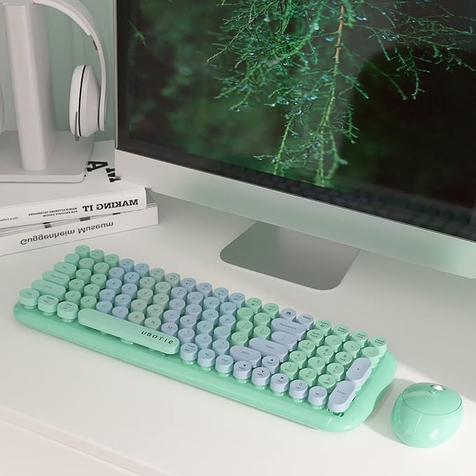 Wireless Keyboards and Mouse Combos, UBOTIE Colorful Gradient Rainbow Colored Retro Typewriter Flexible Keyboard, 2.4GHz Connection and Optical Mouse (New Green Colorful)
