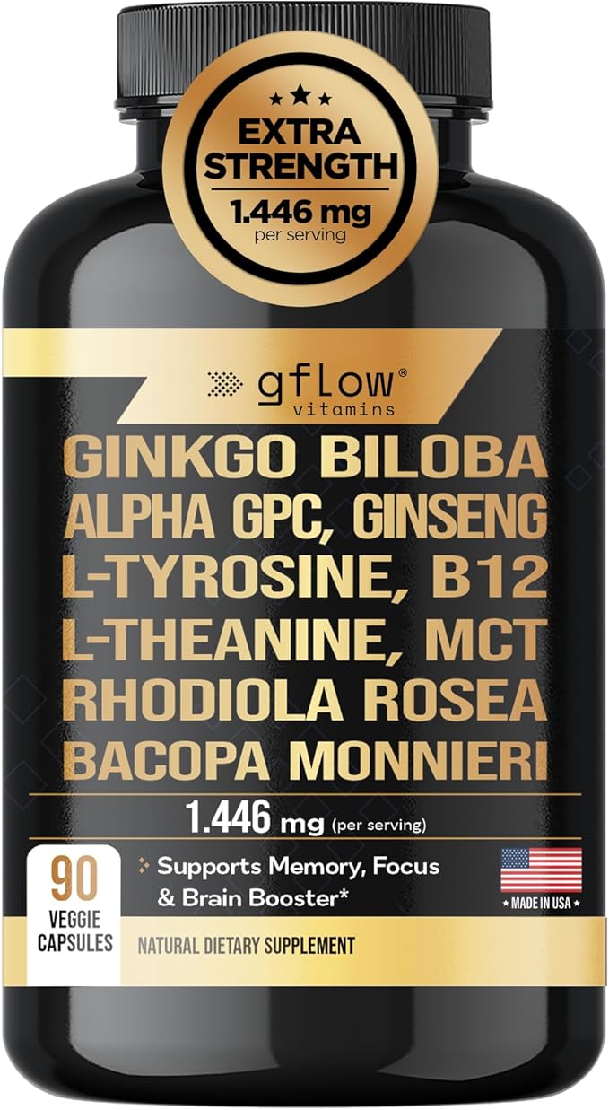 Ginkgo Biloba & Panax Ginseng 1446 mg, Alpha Gpc, L Tyrosine, L Theanine, Bacopa monnieri, Rhodiola Rosea, Phosphatidylserine, B12, MCT, DMAE - Complex with 11-1 Vitamins