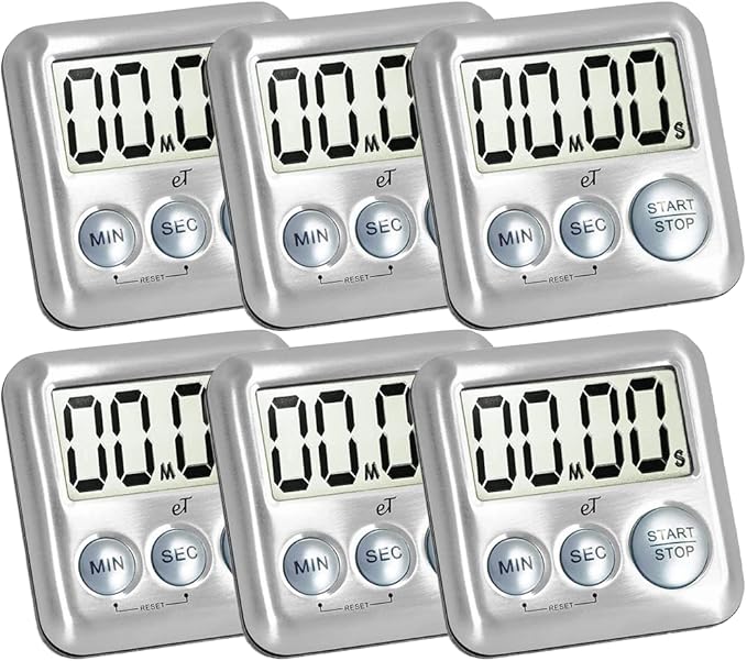 Elegant Digital Kitchen Timer Stainless Steel - Silver - Strong Magnetic Back - Kickstand - Loud Alarm - Large Display - Auto Memory - Auto Shut-Off - Model eT-26 (Silver 6-Pack) by eTradewinds