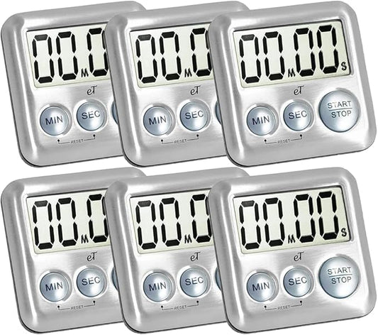 Elegant Digital Kitchen Timer Stainless Steel - Silver - Strong Magnetic Back - Kickstand - Loud Alarm - Large Display - Auto Memory - Auto Shut-Off - Model eT-26 (Silver 6-Pack) by eTradewinds