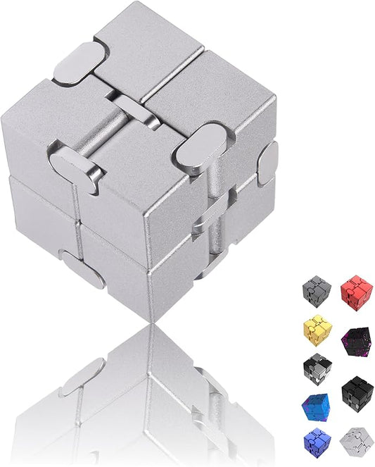 Metal Infinity Cube Fidget Toy - Aluminum Alloy Anti-Stress and Anxiety Finger Flip Cube for Adults, Men, and Women, Ideal Desk Toy for Work or Home - Infinity Cube Desk Toy (Silver)
