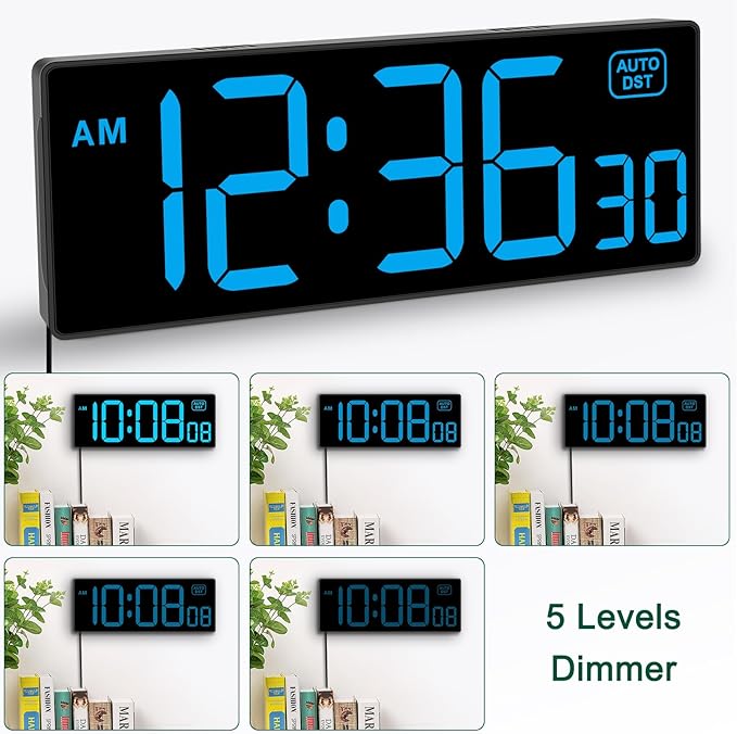 Soobest LED Wall Clock Digital Clock with Seconds, Electric Plug in Large Big Numbers Clock 5 Dimmers Wall Mount for Living Room, Auto DST, 10 Inches (Blue)