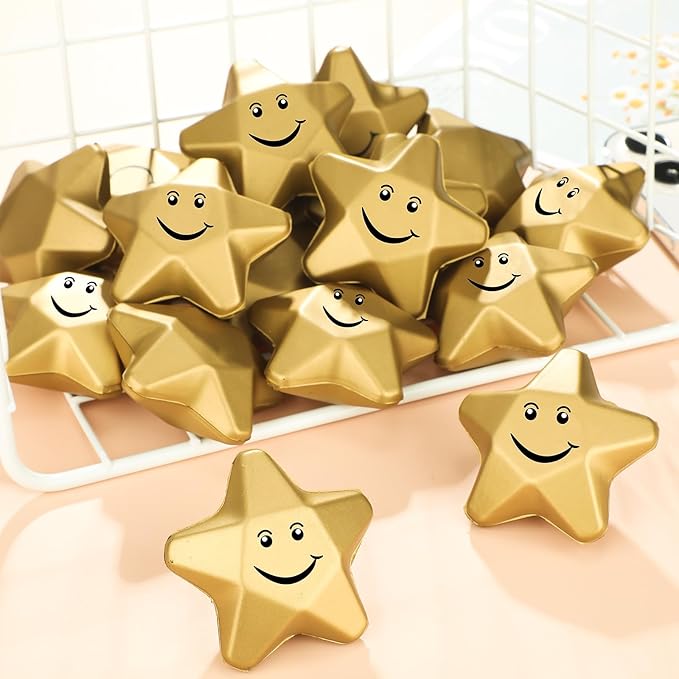 Deekin 36 Pieces Star Stress Balls Mini Foam Ball Stress Relief Toys for Teens and Adults Student Bag Fillers, Gold(Smile,1.6 Inch)