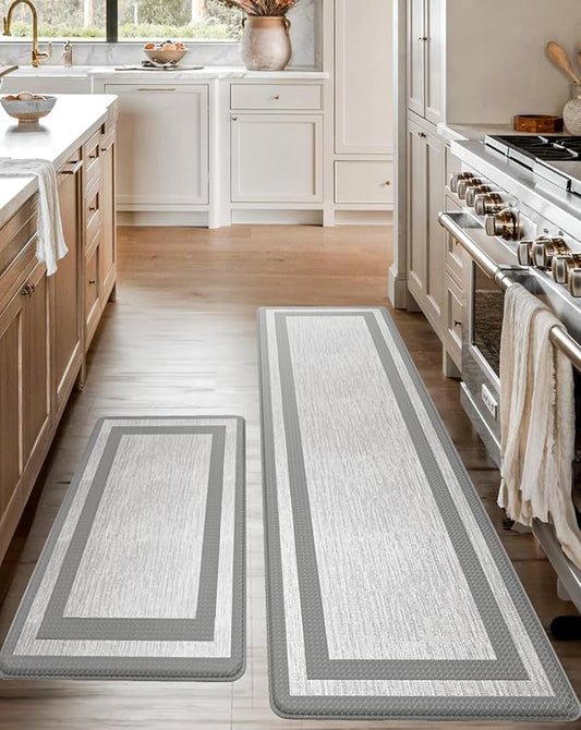 Anti-Fatigue Kitchen Mat Set – 2-Piece Memory Foam Cushioned Mats for Standing – Fabric Grey, 18×30 & 18×60, 0.4 in Thick, Waterproof, Non-Slip – Homergy