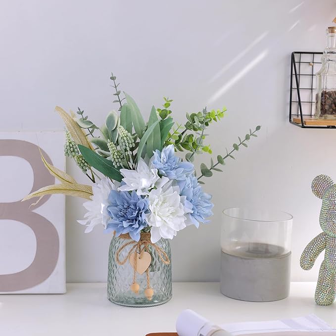 Faux Flowers with Vase,Artificial Silk Flowers in Vase, Fake Plant Eucalyptus and Willow,Flower Arrangement for Home Farmhouse Dining Table Centerpiece Decorations Coffee Table Decor (Dusty Blue)