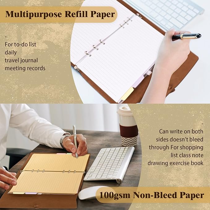 A5 Refill Paper, Planner Inserts for A5 Binder Budget Planner Journals Notebook, 6 Ring Loose Leaf Lined Paper with Binder Dividers, 240 Pages (A5, Light Brown Paper)