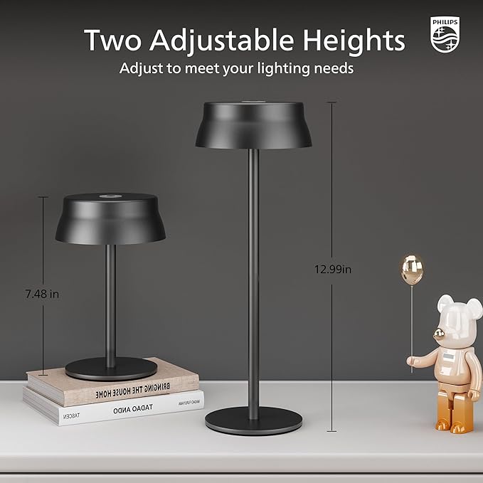 Philips Cordless Table Lamp, Portable Outdoor LED Desk Light,Rechargeable Battery Operated, 2 Adjustable Height, Touch Control & 3 Color Stepless Dimming, Waterproof Lamps for Restaurant/Bedroom