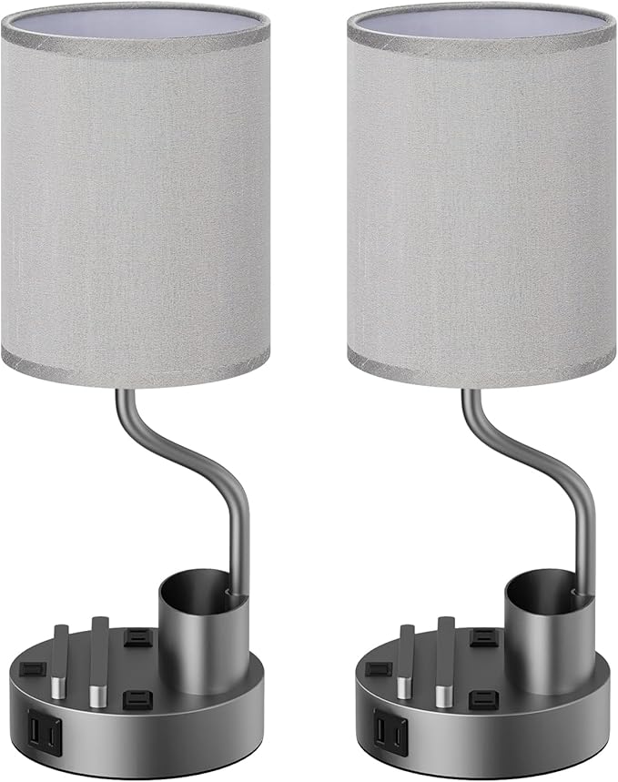 Grey Bedside Table Lamps for Bedroom Set of 2 - Nightstand Light with AC Outlet and USB A & C for Charging, 3 Color Temperatures Desk Lamp with Pen Holder & Phone Stand for Living Room/Dorm/Office