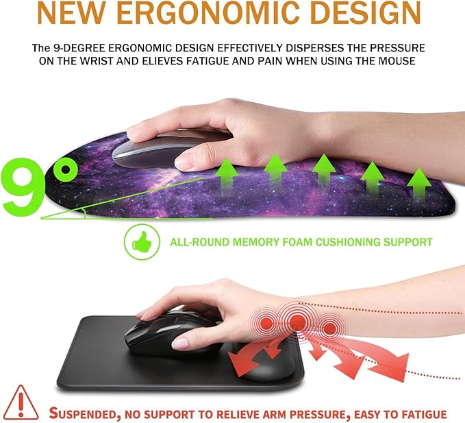 Ergonomic Mouse Pad Wrist Support,Upgrade Mousepad with Massage Design,Non-Slip PU Base Desktop Mouse Pads for Pain Relief, Computer, Office & Home,12 x 8 in（F-Galaxy）