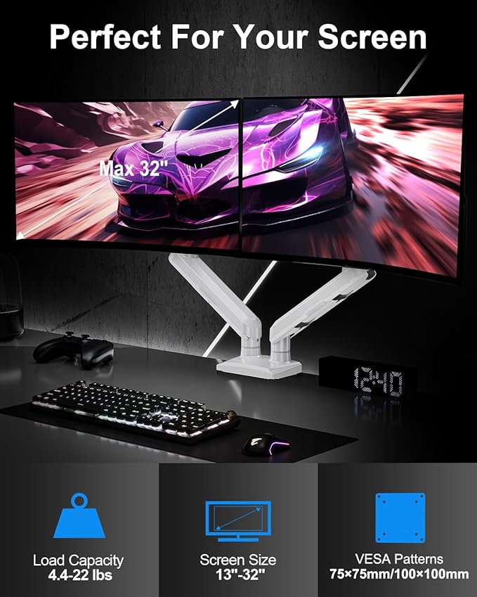 Dual Monitor Arm Fits 17 to 32 Inch Computer Screen, 22lbs per Arm, Full Motion Monitor Desk Mounts for 2 Monitors, Gas Spring Desk Mount, VESA Mount White, Freelift Pro