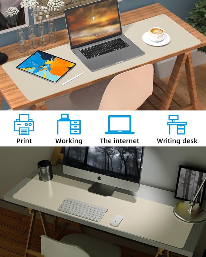 Leather Desk Pad Protector, Office Desk Mat, Large Mouse Pad, Non-Slip Desk Blotter, Laptop Desk Pad, Computer pad,Waterproof Desk Accessories for Office and Home(Beige, 48" x 17")