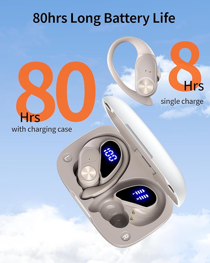 PocBuds Bluetooth Headphones Wireless Earbuds 80hrs Playtime Wireless Charging Case Digital Display Sport Ear Buds with Earhook Deep Bass IPX7 Waterproof Over-Ear Earphones for Phone Laptop Beige
