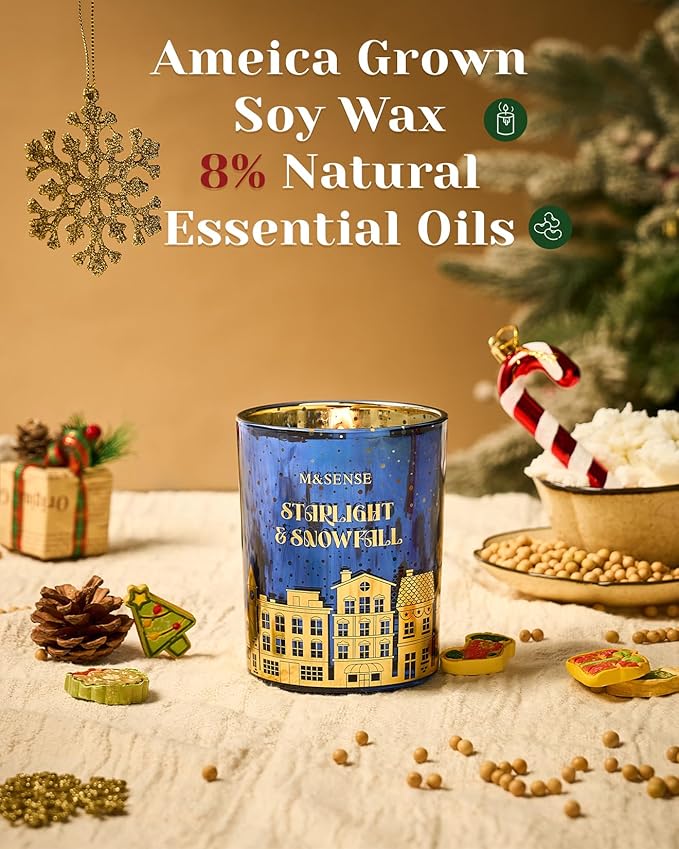 M&SENSE Startlight Snow Scent Wooden Wick Winter Candle 18oz Clean Non Toxic Natural Soy Wax 100 Hours Burn Time Aromatherapy Large Candle for Christmas Housewarming Gifts & Bathroom Bedroom