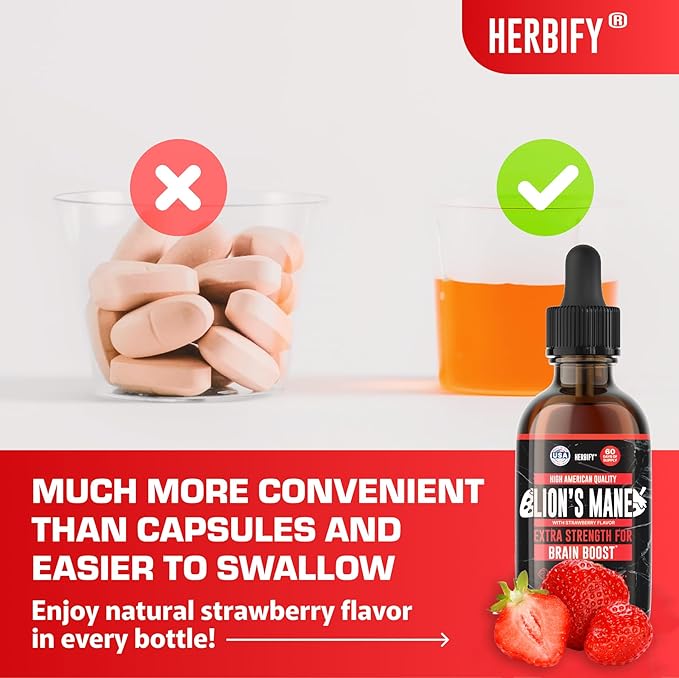 HERBIFY Lions Mane Supplement - Daily Mushroom Supplement for Memory, Focus & Clarity - Brain Booster - Lions Mane Tincture for Immune Support - 4 Fl oz Strawberry Flavor