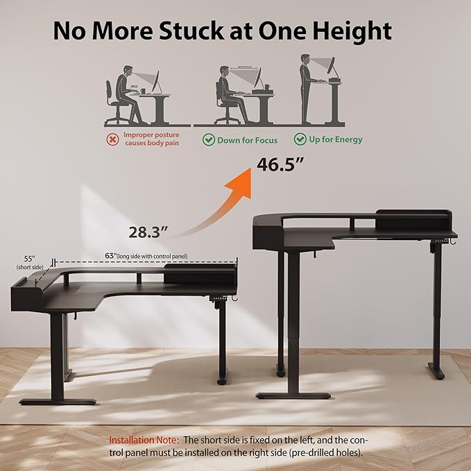 Agilestic L Shaped Standing Desk, Corner Desk with Monitor Shelf, Adjustable Height Gaming Table, Sit Stand Up Table, 63 x 55 Inch Home Office Computer Workstation, Splice Board, Black