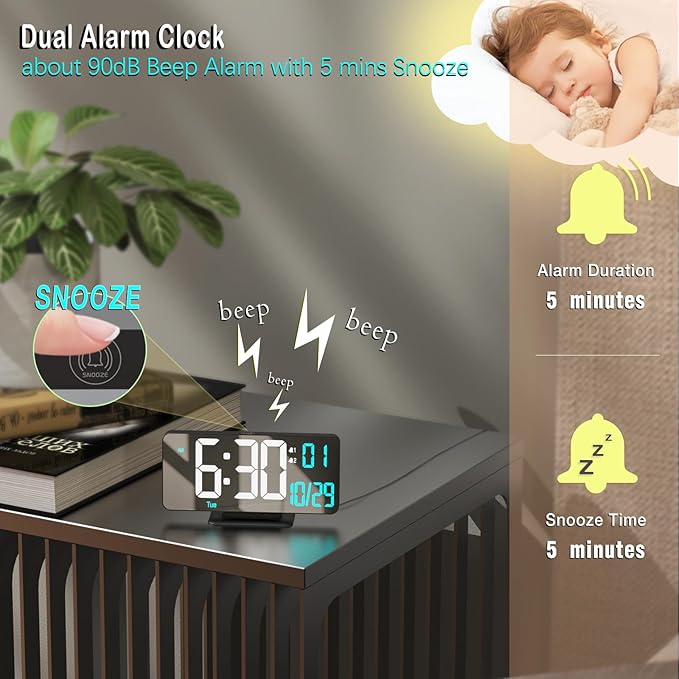 KOSUMOSU Digital Alarm Clock 6.7in Black Clock for Bedroom, Dual Alarm, Date, Seconds,Day of Week,12/24h,Dimming, Temp, Desk Clock, LED Clock for Living Room, Calendar Digital Clock