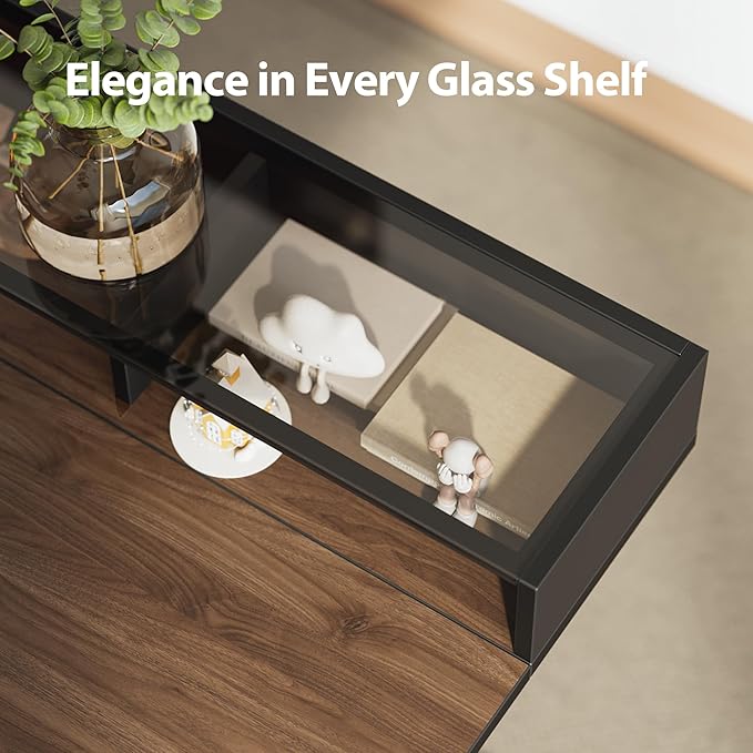 Agilestic Glass Standing Desk with Storage, 48 Inch Electric Adjustable Desk with Glass Shelf, Sit Stand Up Home Office Computer Table, Splice Board, Dark Walnut