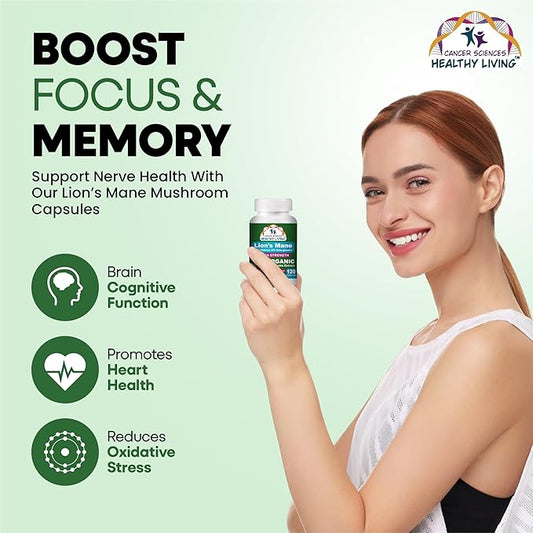 Cancer Sciences Organic Lions Mane Mushroom Supplement Capsules for Men & Women - 1,500mg Brain Supplements for Memory & Focus - High Potency 40% Beta-Glucans - Nootropic Mushroom Complex, 120 Count
