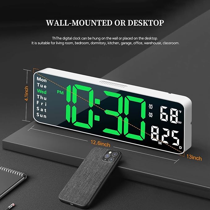 Digital Clock, Digital Wall Clock for Living Room Decor, Desk Alarm Clock for Bedroom, Large Wall Clock with Remote Control, Automatic Brightness Dimmer LED Clock with Date Temperature Week (Green-W)