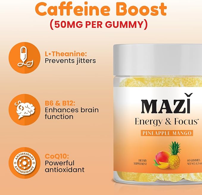 Energy & Focus Gummies | 100mg Natural Caffeine + L-Theanine + Vitamin B6 & B12 + CoQ10 | Nootropic Cognitive Brain Performance Supplement | No Crash or Jitters