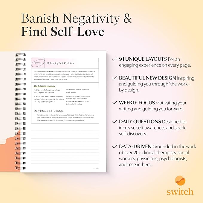 Switch Research Self-Love Journal - Self Care Journal for Women with Prompts - Mindfulness & Gratitude Journal, Therapist Recommended for Self Reflection & Personal Growth - Guided Writing Notebook A4