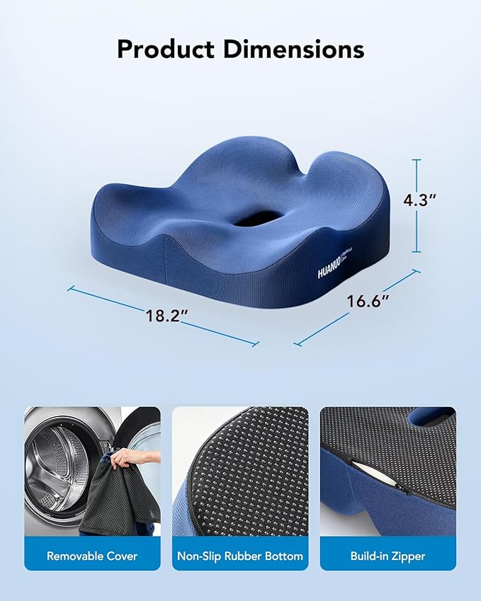 HUANUO Ergonomic Seat Cushion, Memory Foam Cooling Gel Office Chair Cushion for Hip Support, Tailbone Pressure Relief, Breathable Car Seat Cushion for Home, Work, Driving