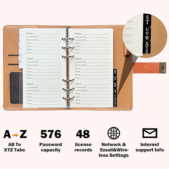 BTSFTOGET Small Password Book with Alphabetical tabs. 316 Pages Lockable Password Keeper Journal Notebook for Computer & Website Logins, Brown Leatherette Hardcover, 7.5in x 5.5in