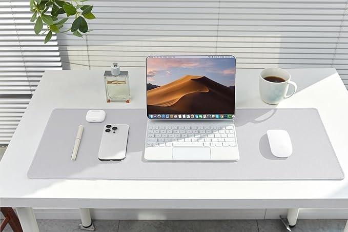ALOANES Silvery Waterproof Desk Mat, Large Extended Mouse Mat, Office Desk Protector with Anti-Slip Base, Stitched Edge, Grain Jacquard Surface,Perfect for Gamer,Office&Home,XL(11.81''x27.56''x0.12'')