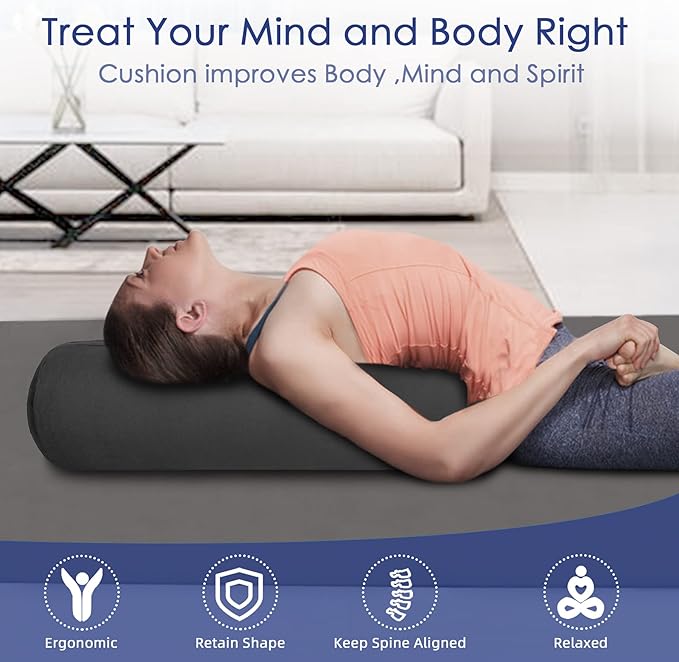 Organic Buckwheat Bolster(24X9 in) Yoga Bolster Supportive Yoga Cushion for Restorative Yoga Accessories Meditation Pillow Reading Pillow Floor Pillow Large Round Cylinder