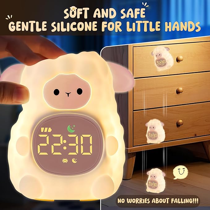 Sheep Alarm Clock with Night Light for Kids with Sleep Training and Sound Machine, Rechargeable Silicone Lamp OK to Wake Clock，Cute Animal Tabletop Lamp, Perfect Sleep Companion for Boys Girls, Pink