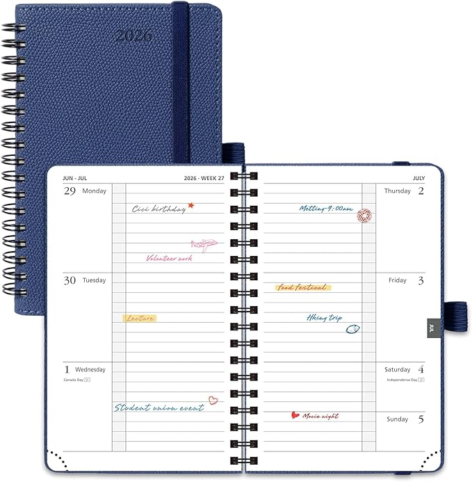 POPRUN 2026 Pocket Planner, (Small Size-4'' x 6.25'') - Daily Weekly and Monthly Calendar Agenda 2026 Appointment Book with Monthly Tabs, Spiral Soft Cover, Inner Pocket, 100 GSM - Navy Blue