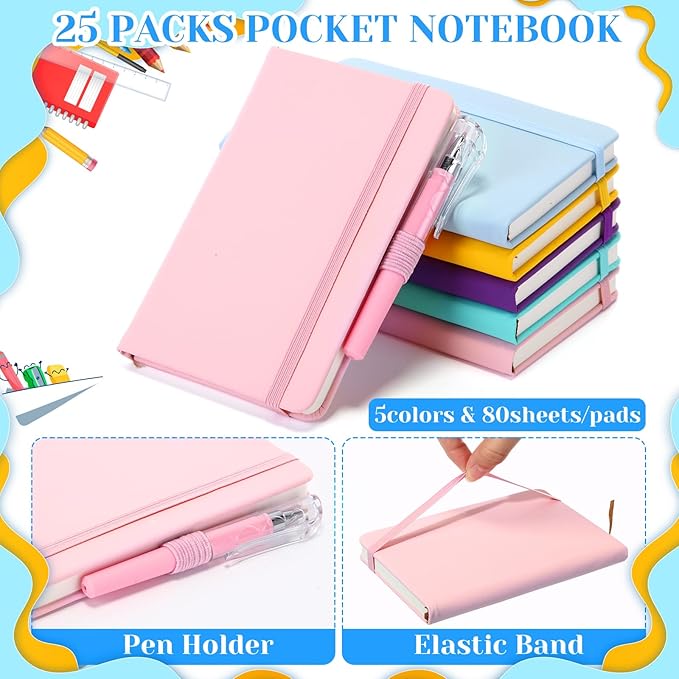 Sayglossy 25 Pack Pocket Small Notebook Journals with Pen 5.6'' x 3.7'' Mini Journaling Notepads A6 Ruled Journals Hardcover Lined Notebook Bulk with Pen Holder for Office School Memo(Macaron Colors)